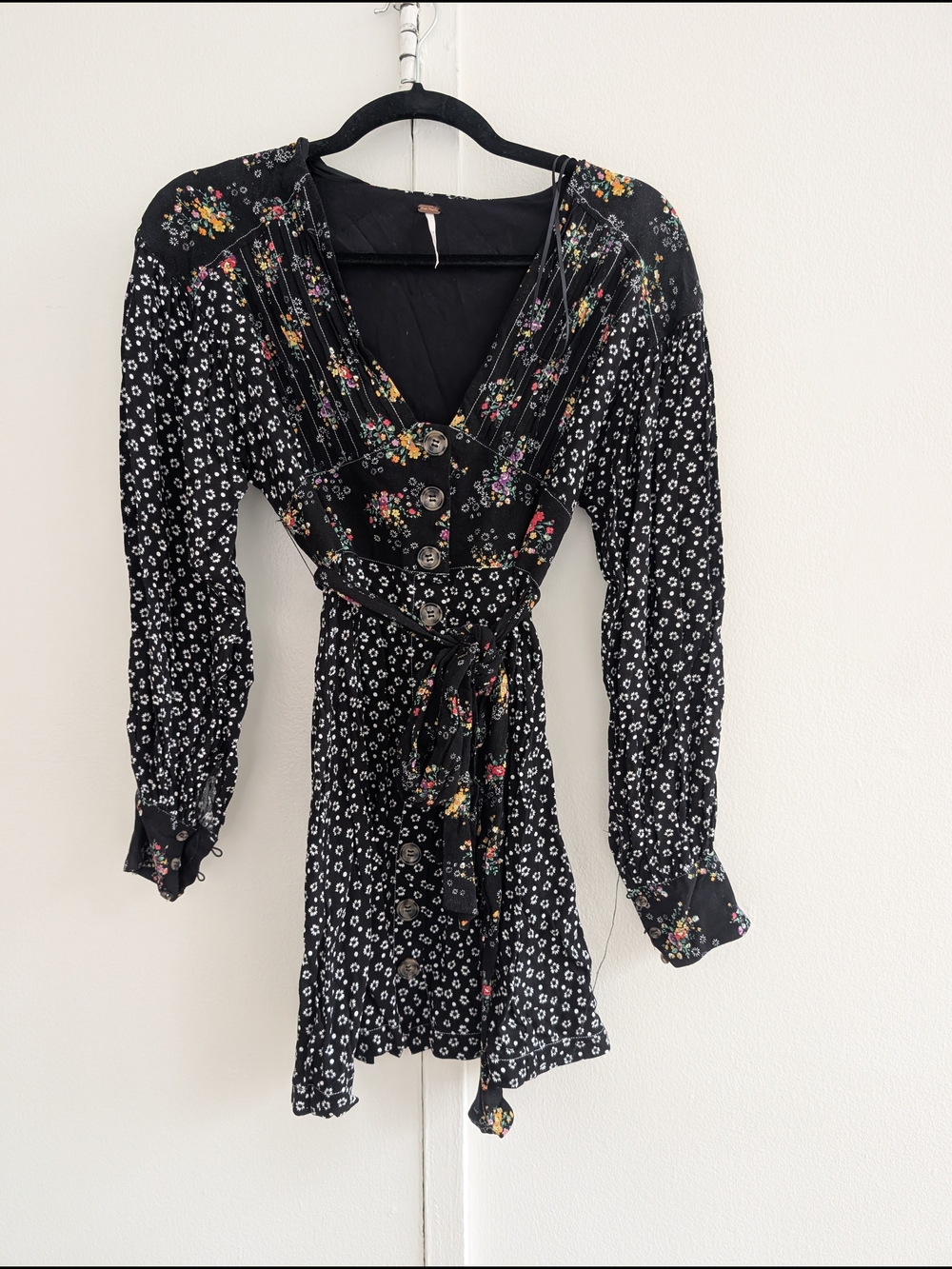 Free People Black Mini Dress with Mixed Floral Print